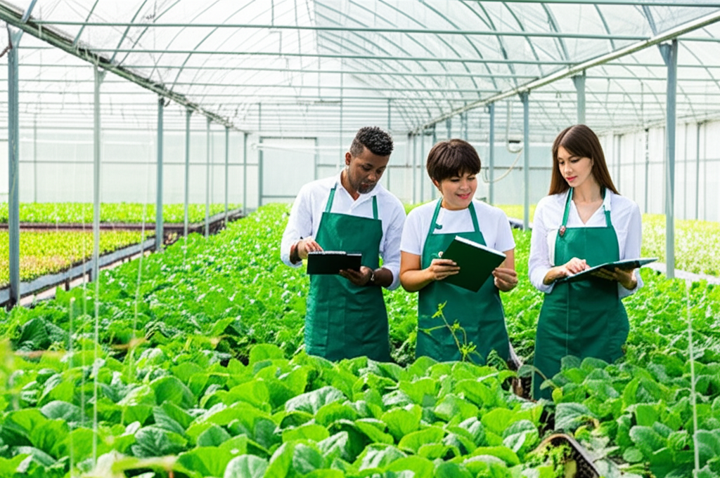 Team members examining plants